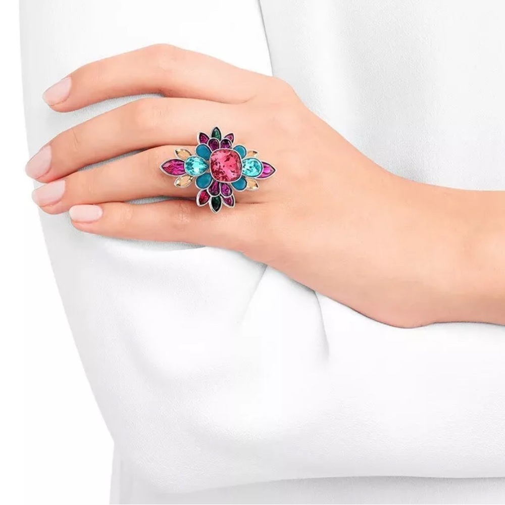 RARE Swarovski Cardinal Pink and Blue Gemstone Floral Ring - Size 52/6 - Picture 2 of 6